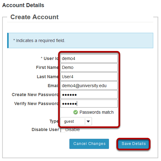 Enter the user information and then save.