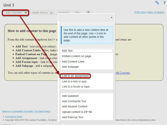 Click Add Content, then Link to an assignment.