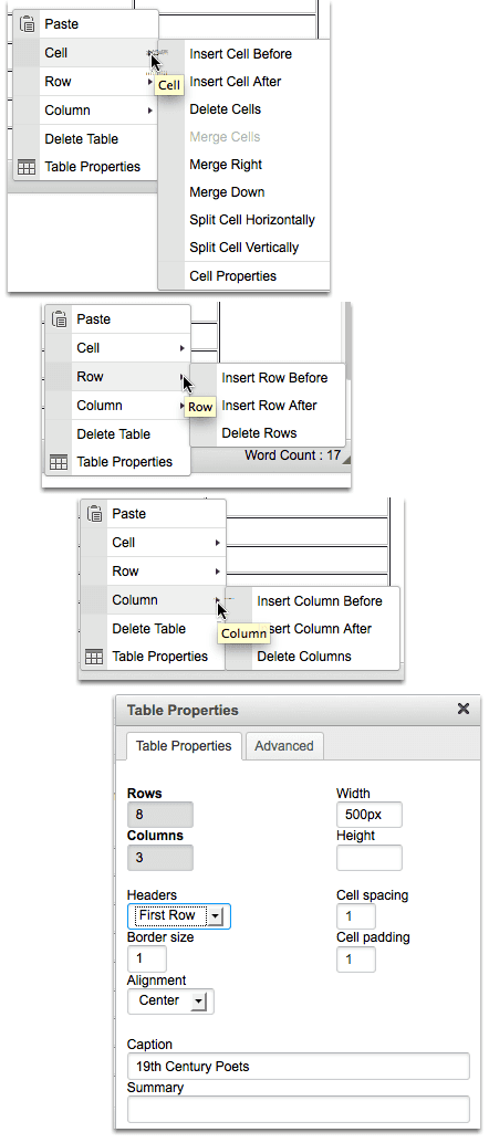 Select the Table Element that you want to edit (Cell, Row, Column, Table or Delete).