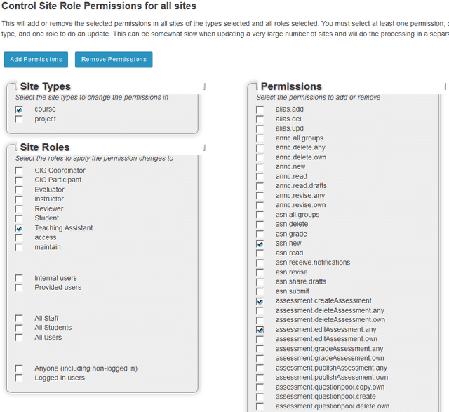 Select the site type, role, and permissions to be added.
