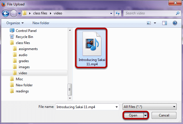 Locate and select the video file on your computer.