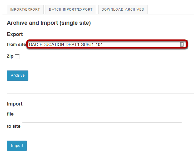 In the Export from site field, enter the site id.