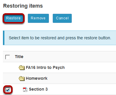 Select the items to be restored, then click Restore.
