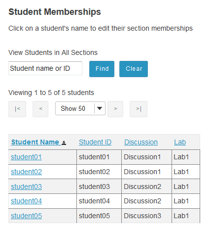 The list of students and their section membership will display.